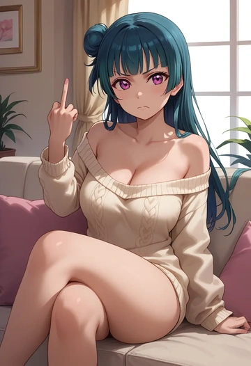 love_live,tsushima_yoshiko,off-shoulder,sweater  - AI generated anime art