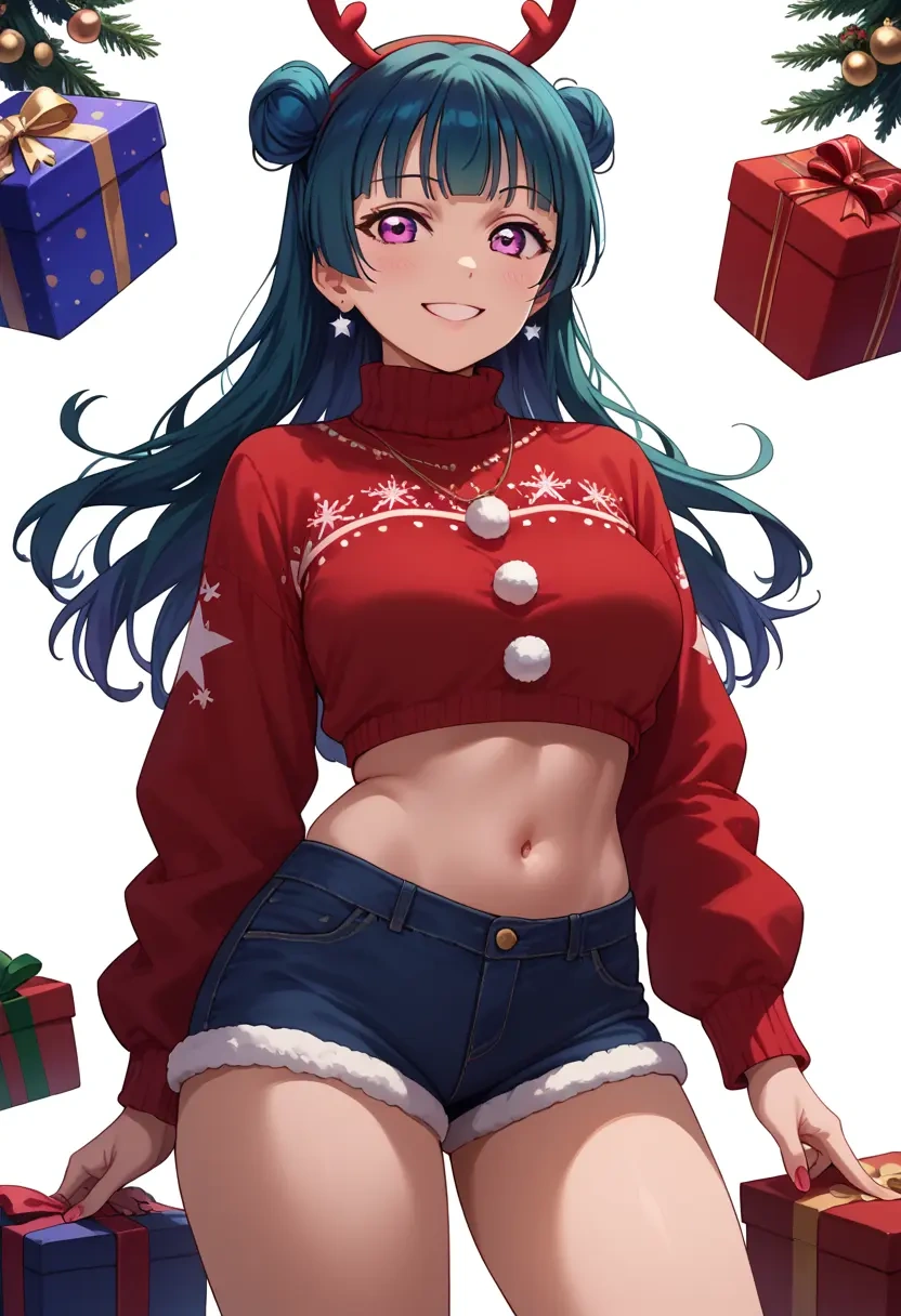 love_live,tsushima_yoshiko,Christmas,red velvet shorts,turtleneck sweater  - 