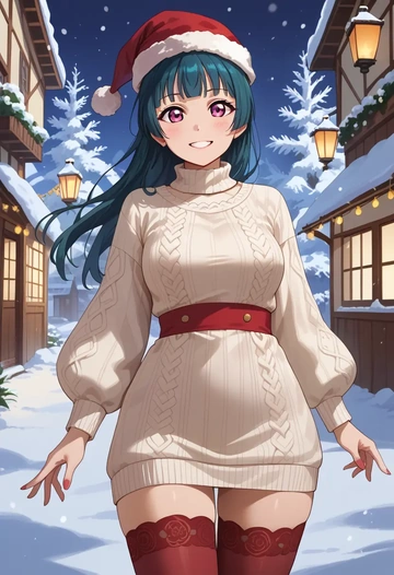 love_live,tsushima_yoshiko,Christmas,sweater dress,stockings  - AI generated anime art