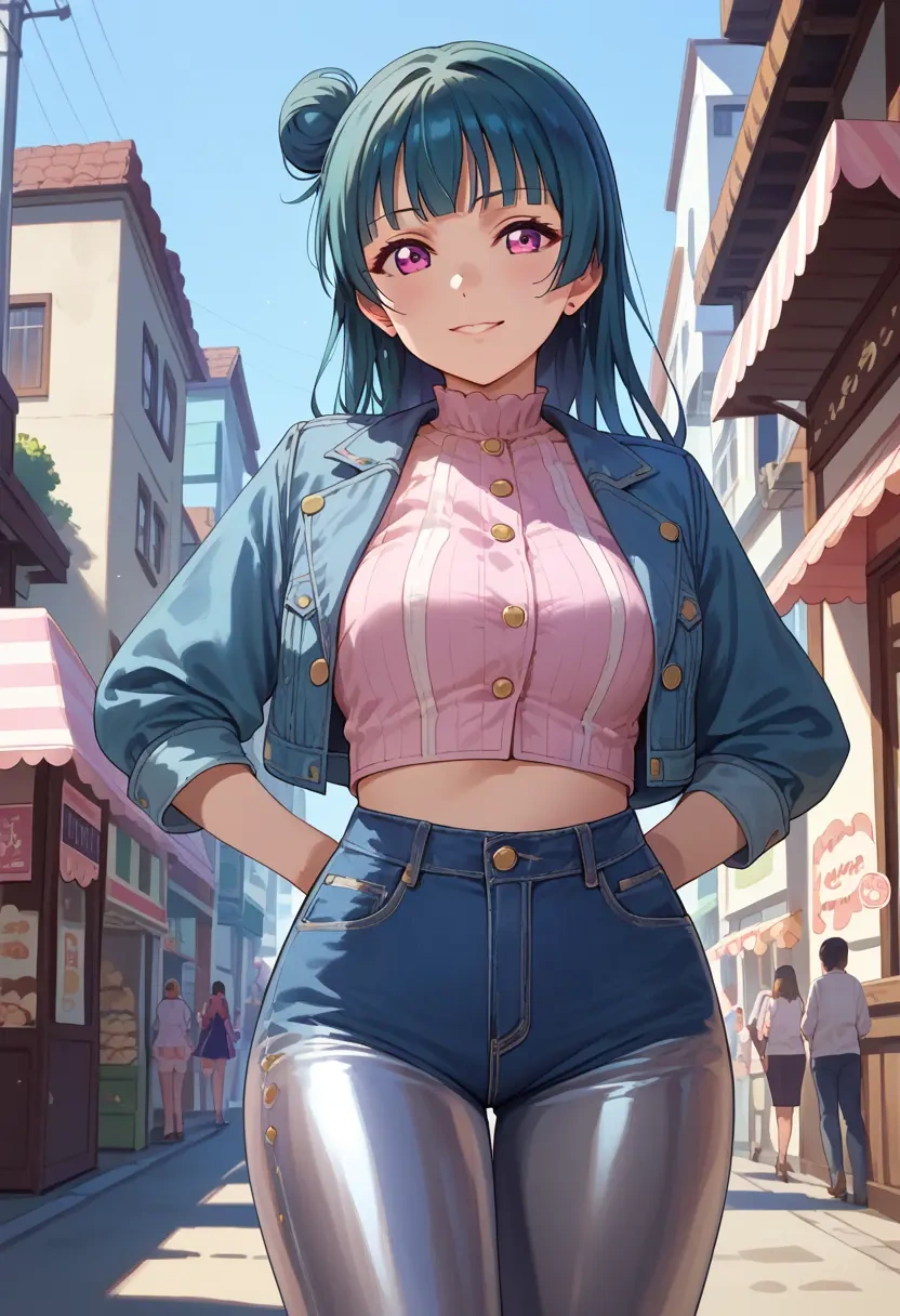 love_live,tsushima_yoshiko,denim jacket,cropped,leather leggings  - 