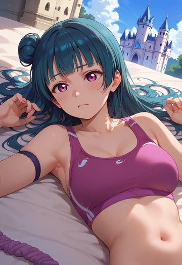 love_live,tsushima_yoshiko,sports bra,wide-leg joggers  - AI generated anime art