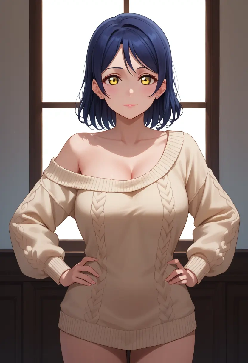 love_live,uehara_ayumu,Hands on hips,off-shoulder,sweater  - 