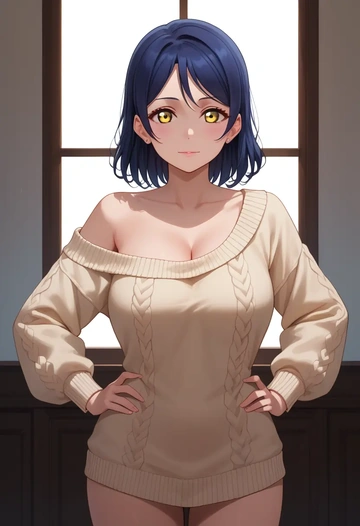 love_live,uehara_ayumu,Hands on hips,off-shoulder,sweater  - AI generated anime art