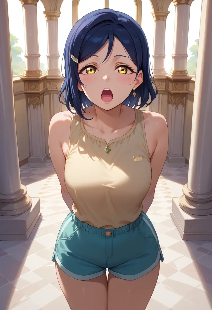 love_live,uehara_ayumu,sleeveless swim top,shorts-style bottom,contrast stitching  - 