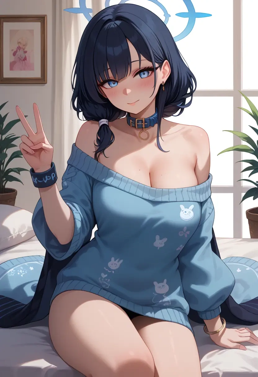 blue_archive,ui_(blue_archive),blushing,collar,peace sign,off-shoulder,sweater  - 