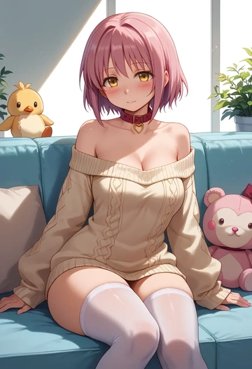 mahou_shoujo_madoka_magica,ultimate_madoka,blushing,collar,off-shoulder,sweater,stockings  - AI generated anime art