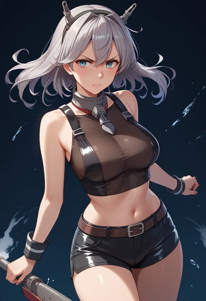 kantai_collection,umikaze_(kancolle),leather,shorts,crop top  - 