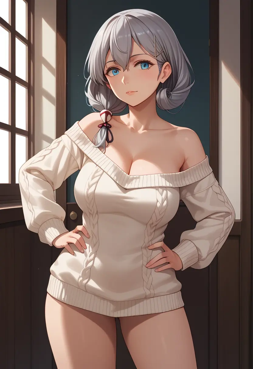 kantai_collection,umikaze_(kancolle),Hands on hips,off-shoulder,sweater  - 