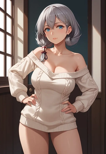 kantai_collection,umikaze_(kancolle),Hands on hips,off-shoulder,sweater  - AI generated anime art