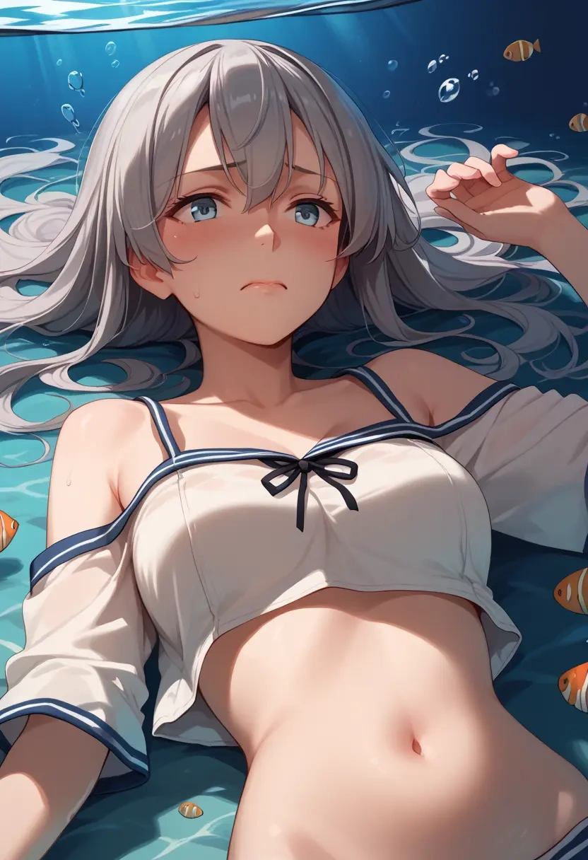 kantai_collection,umikaze_(kancolle),off-shoulder top,dolphin shorts  - 