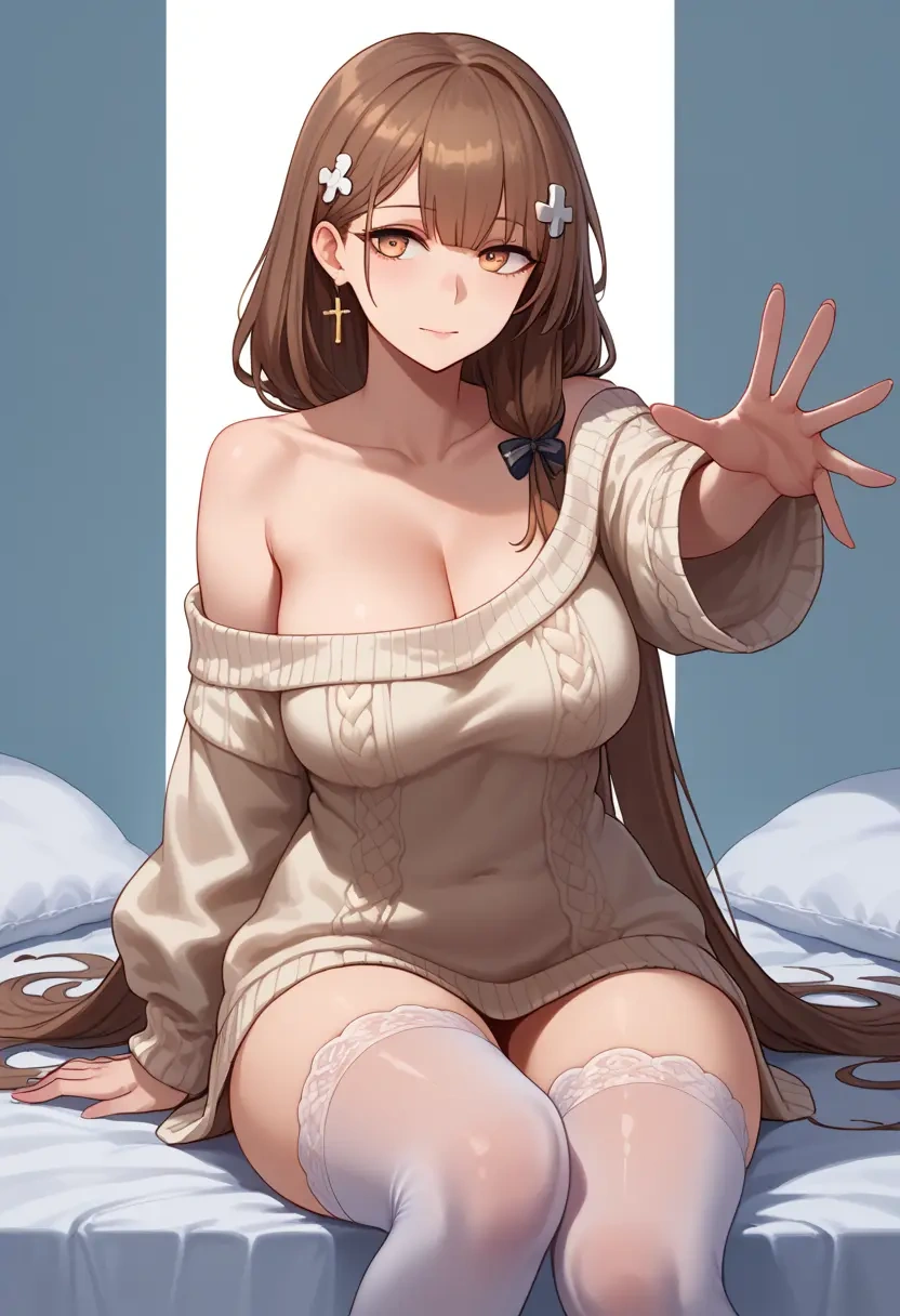 girls_frontline,ump45_(girls_frontline),cross-legged,off-shoulder,sweater,stockings  - 