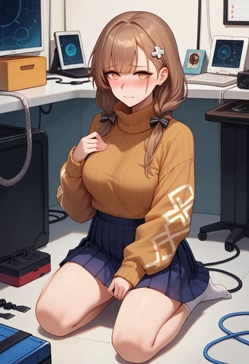 girls_frontline,ump45_(girls_frontline),sweater,cropped,pleated midi skirt  - AI generated anime art