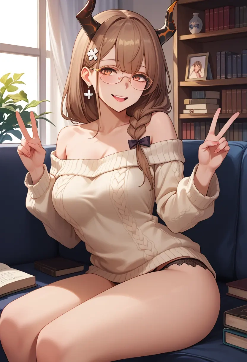 girls_frontline,ump9_(girls_frontline),sweater,panties,off-shoulder,glasses,sexy  - 