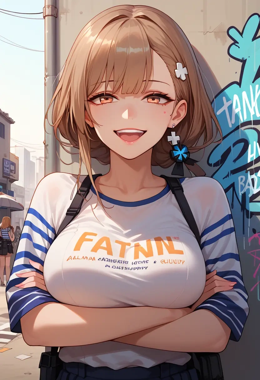 girls_frontline,ump9_(girls_frontline),striped graffiti blouse,dolphin shorts  - 