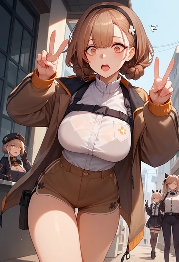 girls_frontline,ump9_(girls_frontline),jogger shorts,oversized tank  - AI generated anime art