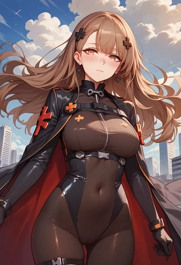 girls_frontline,ump9_(girls_frontline),black widow bodysuit,spiderweb cape,leather gloves  - AI generated anime art