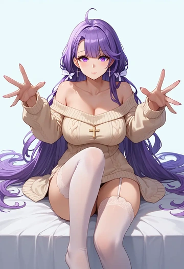 azur_lane,unicorn_(azur_lane),cross-legged,off-shoulder,sweater,stockings  - AI generated anime art