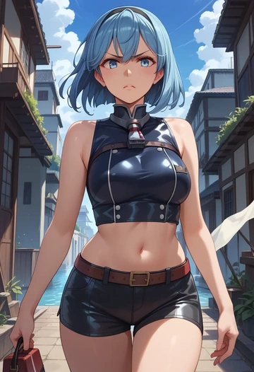 kantai_collection,urakaze_(kancolle),leather,shorts,crop top  - AI generated anime art