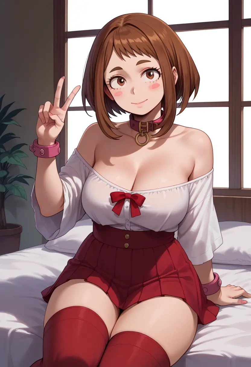 boku_no_hero_academia,uraraka_ochako,blushing,collar,Thigh garters  - 