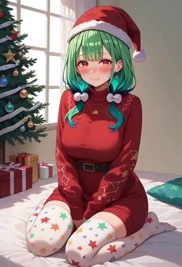 hololive,uruha_rushia_(1st_costume),Christmas,sweater dress,stockings  - AI generated anime art