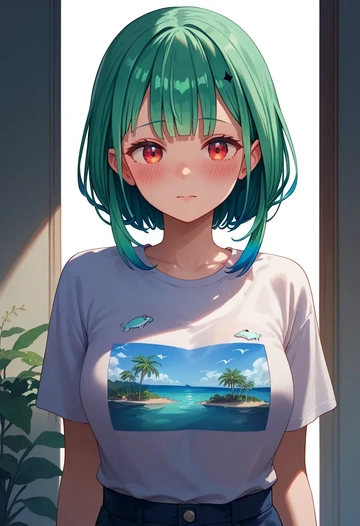 hololive,uruha_rushia,handwritten script shirt,dolphin shorts  - AI generated anime art