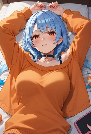 hololive,usada_pekora_(1st_costume),orange,sweater,choker  - AI generated anime art