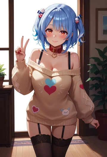 hololive,usada_pekora_(1st_costume),blushing,collar,off-shoulder,sweater,stockings  - AI generated anime art