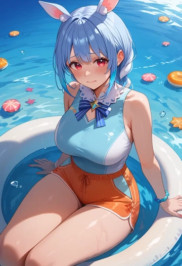 hololive,usada_pekora_(1st_costume),sleeveless swim top,shorts-style bottom,contrast stitching  - AI generated anime art