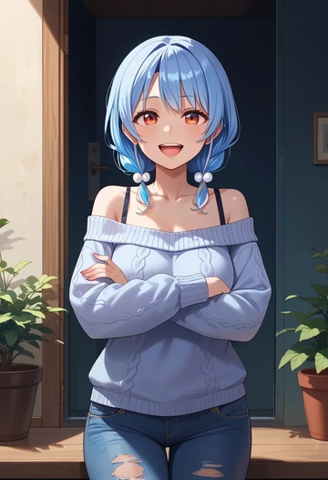 hololive,usada_pekora,sweater,off-shoulder,ripped jeans  - AI generated anime art