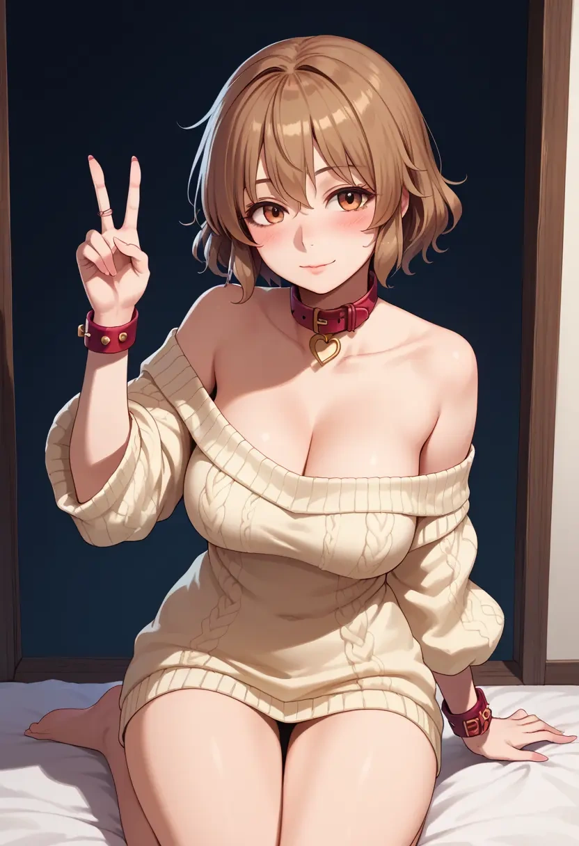 touhou,usami_renko,blushing,collar,peace sign,off-shoulder,sweater  - 