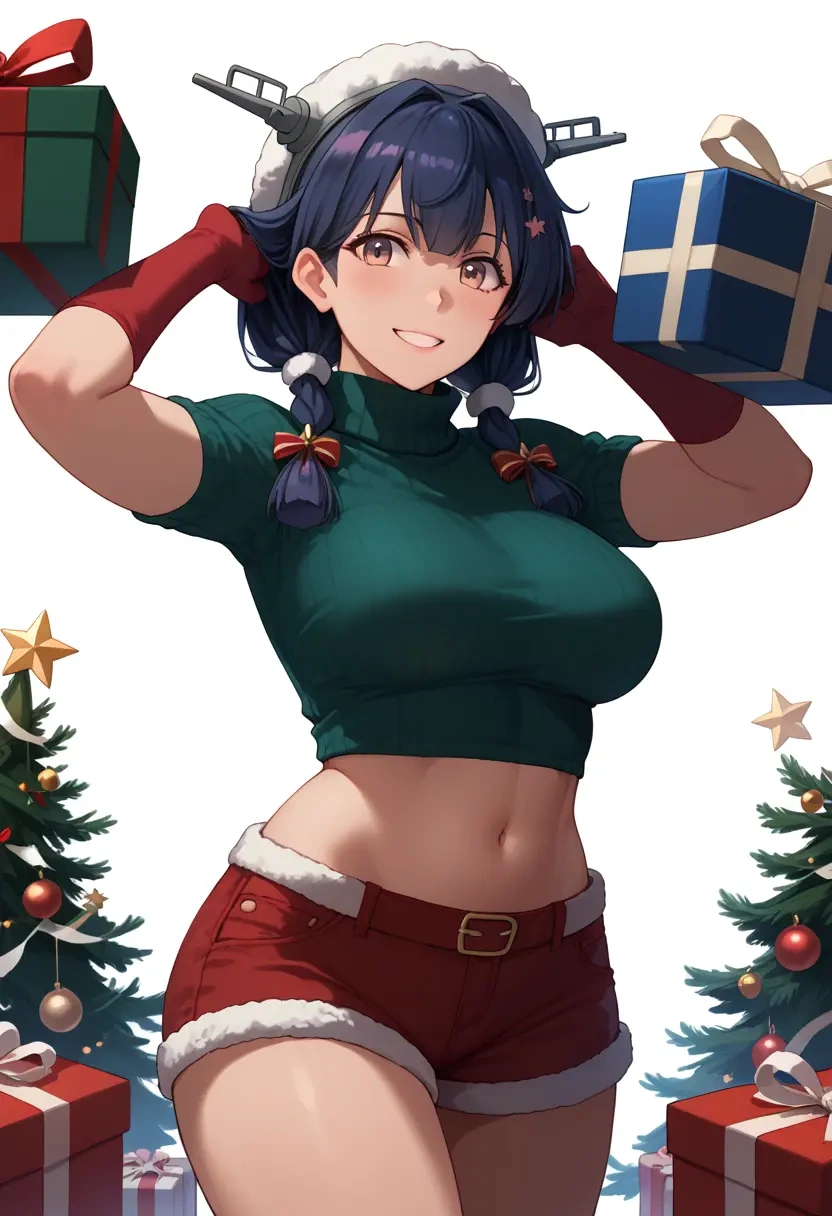 kantai_collection,ushio_(kancolle),Christmas,red velvet shorts,turtleneck sweater  - 