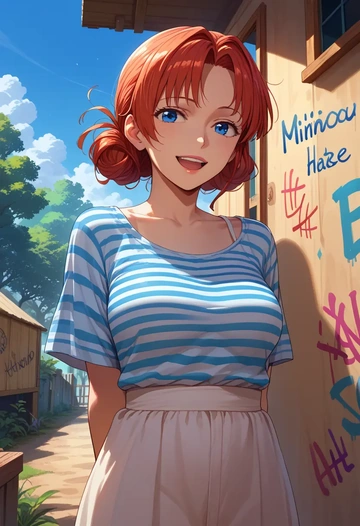 umineko_no_naku_koro_ni,ushiromiya_ange,striped graffiti blouse,dolphin shorts  - AI generated anime art