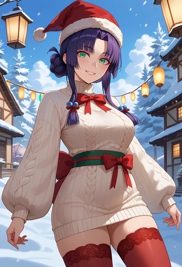 fate_(series),ushiwakamaru_(fate),Christmas,sweater dress,stockings  - AI generated anime art