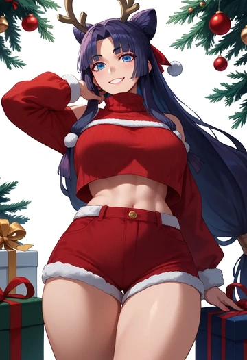 fate_(series),ushiwakamaru_(fate),Christmas,red velvet shorts,turtleneck sweater  - AI generated anime art