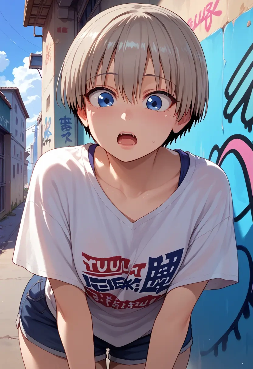 uzaki_chan_wa_asobitai,uzaki_hana,oversized graffiti shirt,dolphin shorts  - 