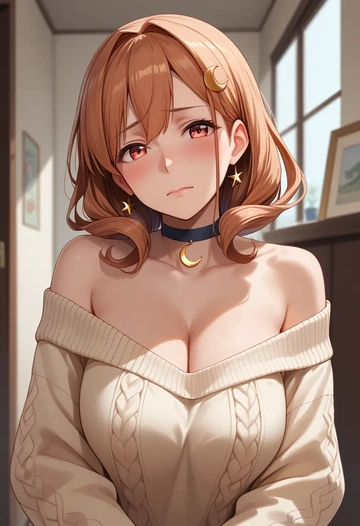 kantai_collection,uzuki_(kancolle),orange,sweater,choker  - AI generated anime art