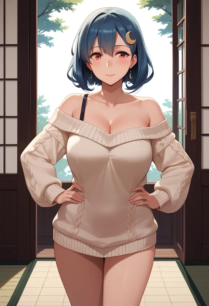 kantai_collection,uzuki_(kancolle),Hands on hips,off-shoulder,sweater  - 