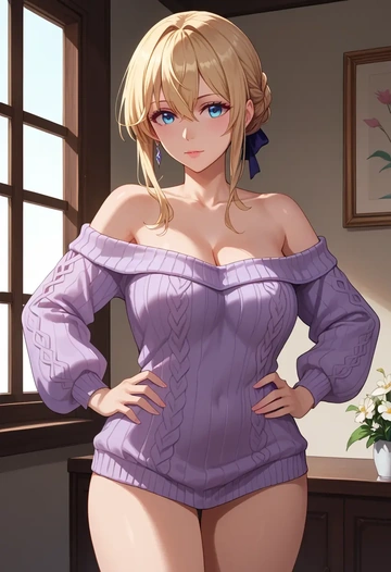 violet_evergarden_(series),violet_evergarden,Hands on hips,off-shoulder,sweater  - AI generated anime art