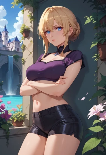 violet_evergarden_(series),violet_evergarden,leather,shorts,crop top  - AI generated anime art