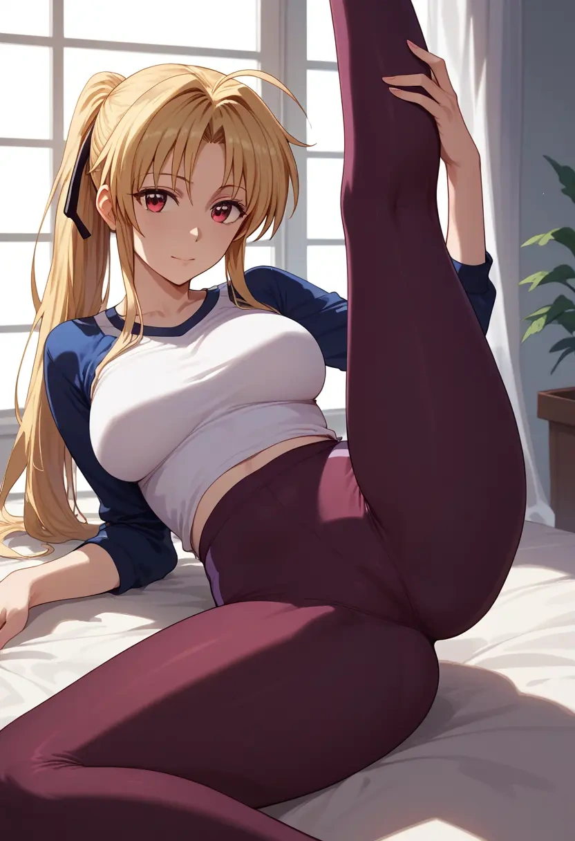 lyrical_nanoha,vivio,yoga, leggings,spread legs,one leg up,sexy  - 