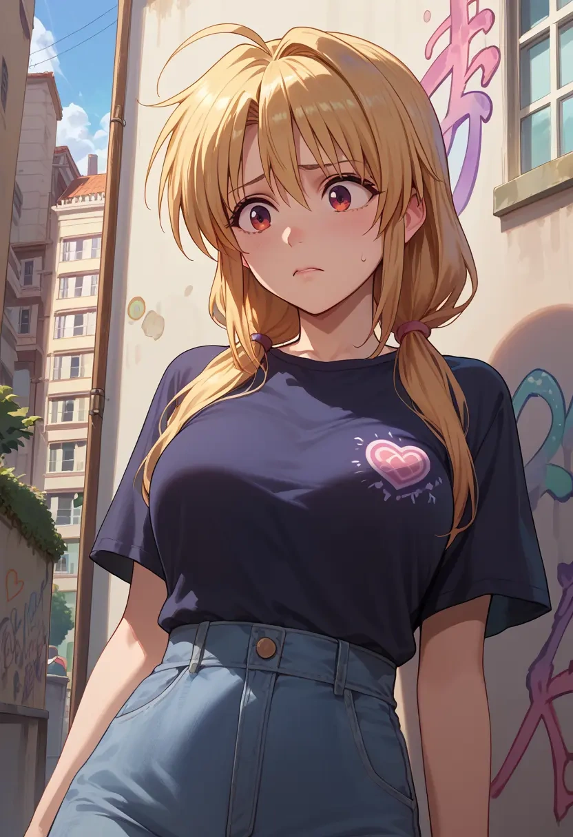 lyrical_nanoha,vivio,silk graffiti shirt,dolphin shorts  - 