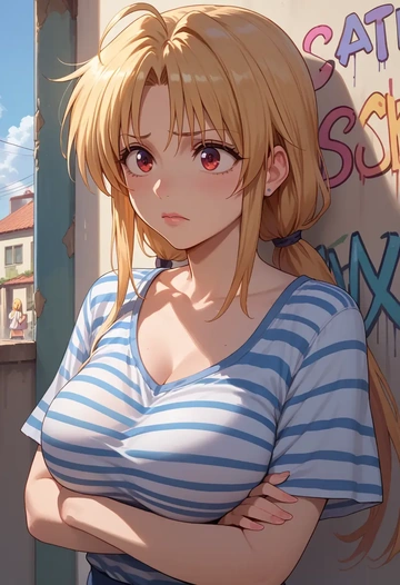 lyrical_nanoha,vivio,striped graffiti blouse,dolphin shorts  - AI generated anime art