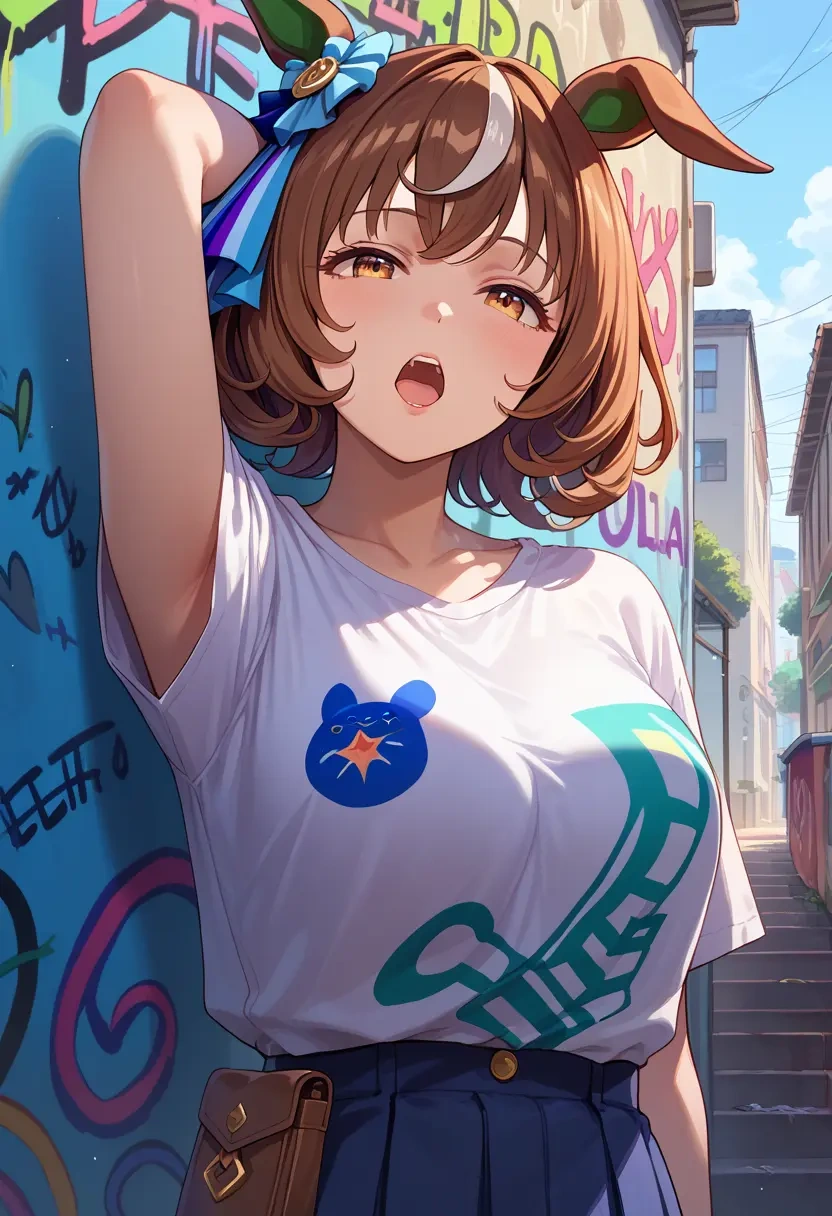 umamusume,vodka_(umamusume),oversized graffiti shirt,dolphin shorts  - 