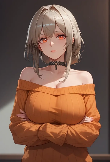 arknights,w_(arknights),orange,sweater,choker  - AI generated anime art