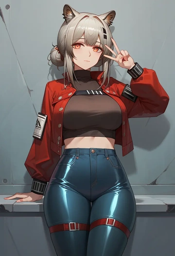 arknights,w_(arknights),denim jacket,cropped,leather leggings  - AI generated anime art