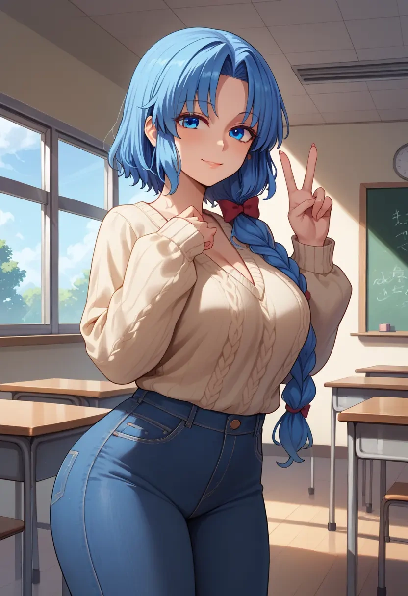 touhou,wakasagihime,teacher, sweater, jeans shorts  - 