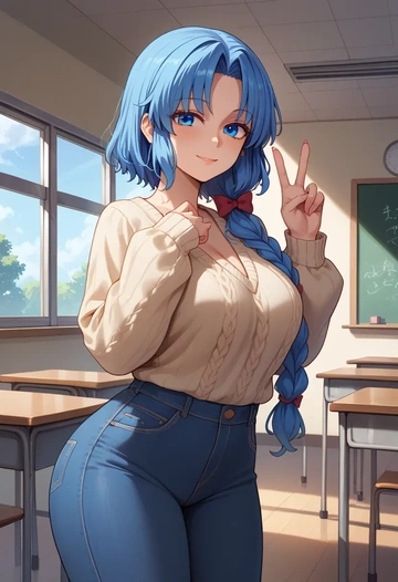 touhou,wakasagihime,teacher, sweater, jeans shorts  - AI generated anime art