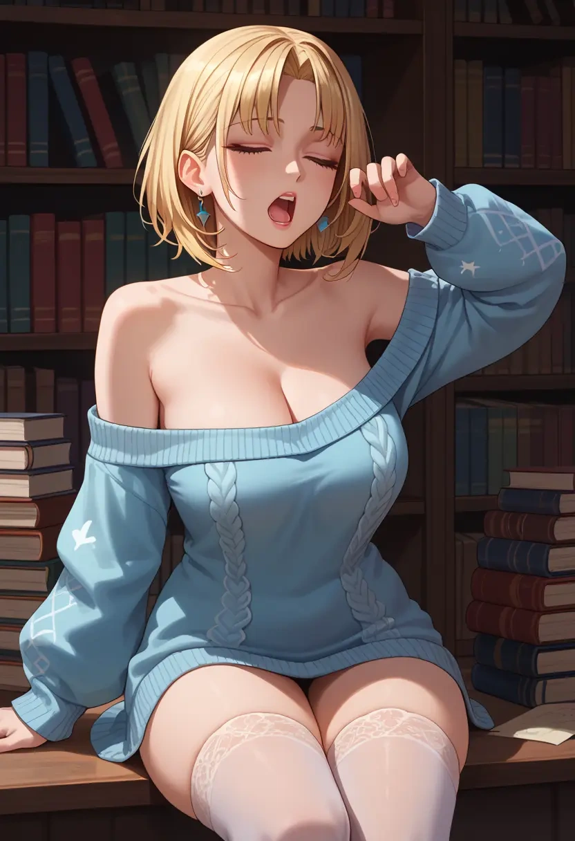 hololive,watson_amelia,Yawning,off-shoulder,sweater,stockings  - 