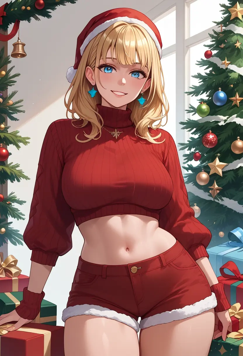 hololive,watson_amelia,Christmas,red velvet shorts,turtleneck sweater  - 