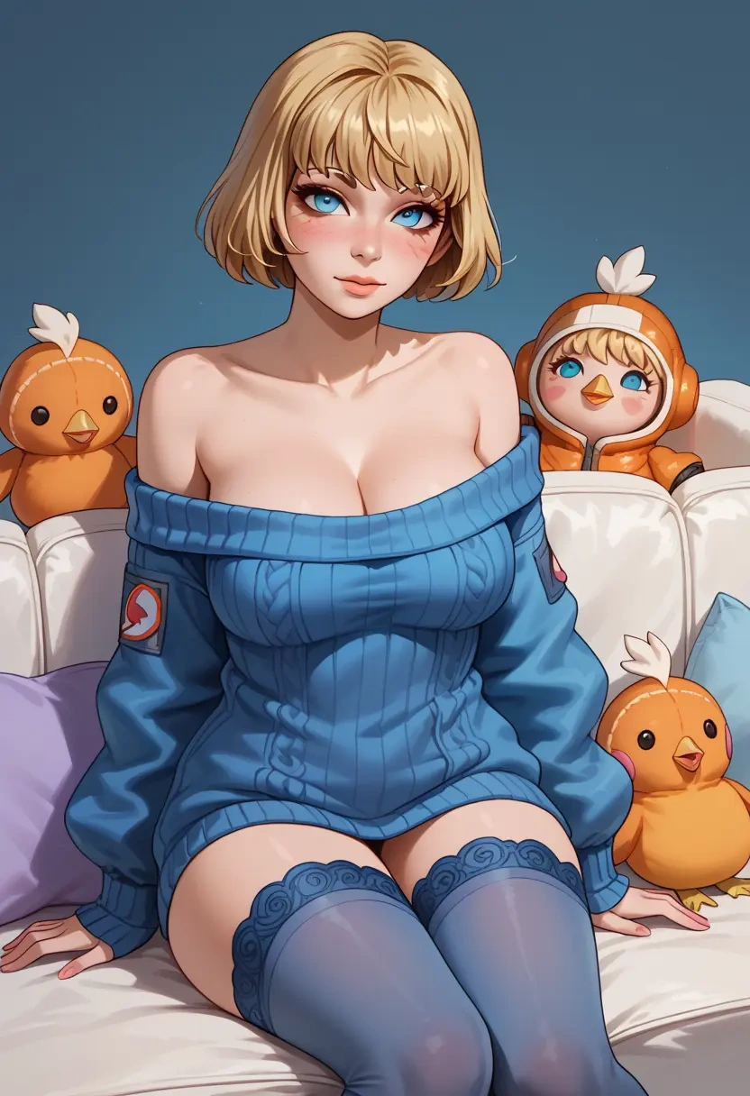 apex_legends,wattson_(apex_legends),blushing,off-shoulder,sweater,stockings  - 